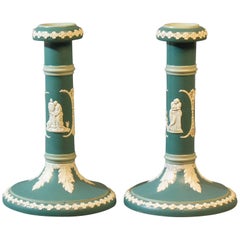Pair of Wedgwood Style "Dudson" Green Jasperware Candlesticks