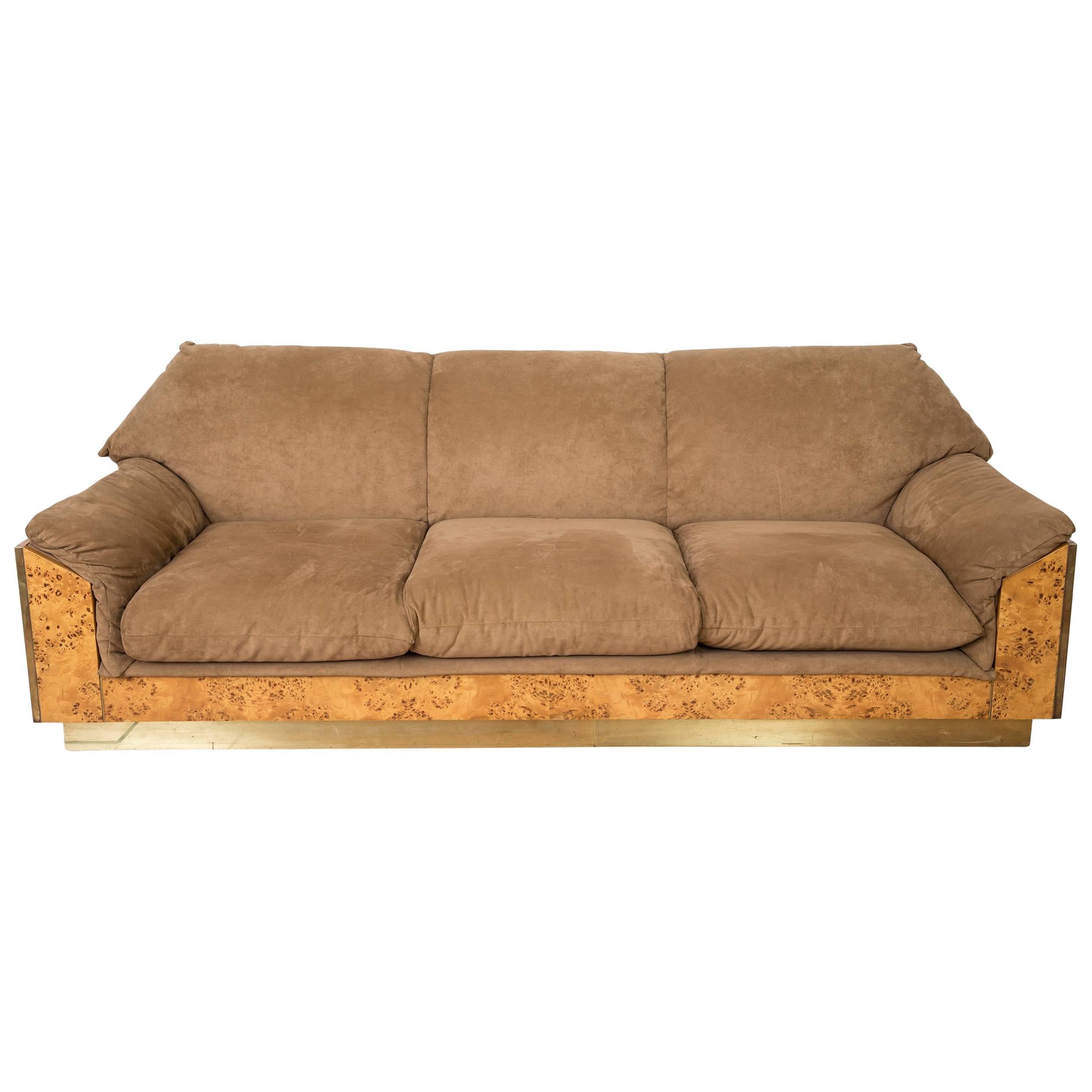 Willy Rizzo Thuja Burl Suede and Brass Italian Sofa, 1970s