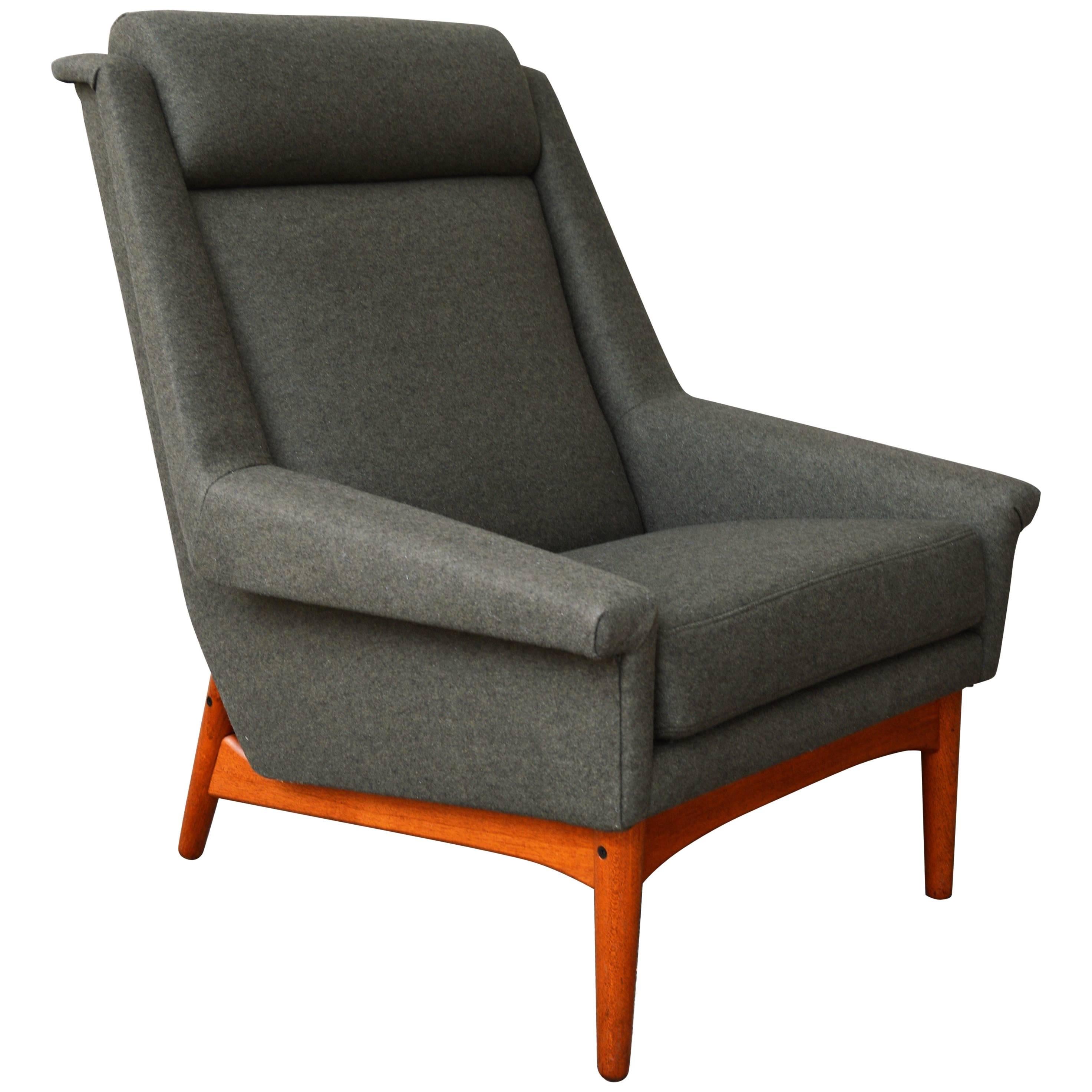 Bramin Teak Base High Back Lounge Chair in Olive Green Felted Wool, Denmark