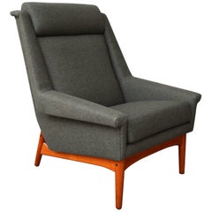 Bramin Teak Base High Back Lounge Chair in Olive Green Felted Wool, Denmark