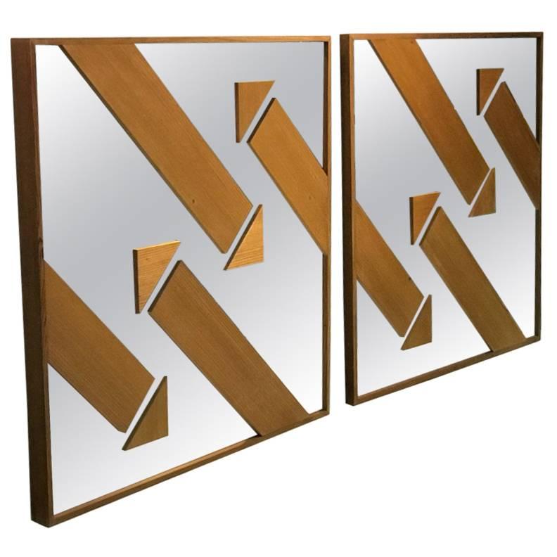 Pair of Wood and Mirror Modernist Arrow Wall Mirrors For Sale