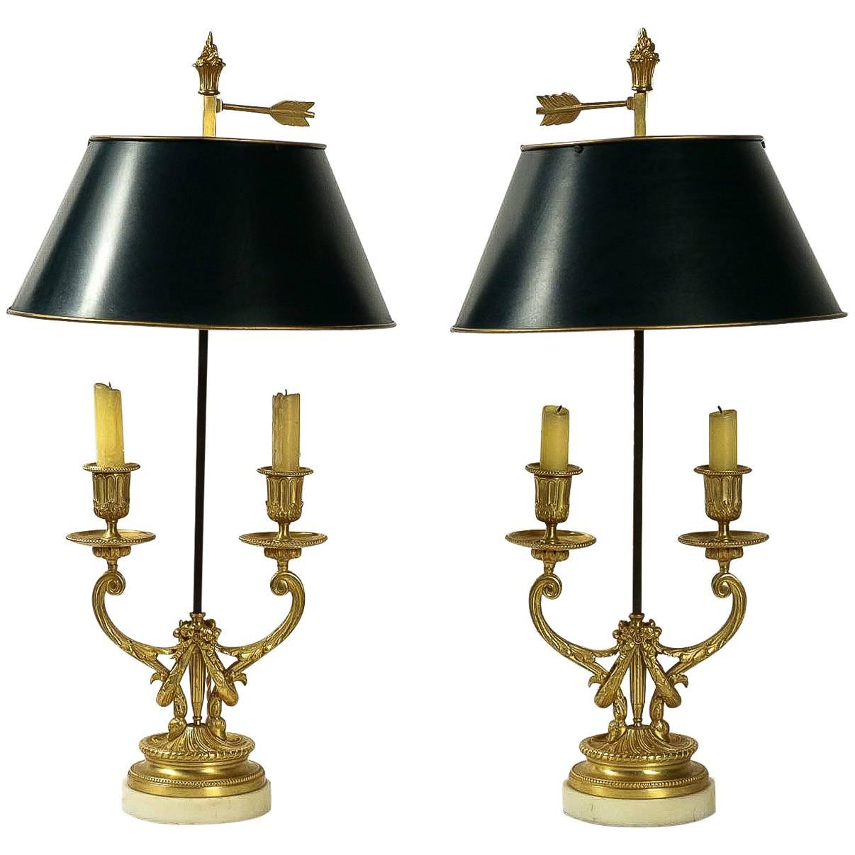 Pair of Louis XVI Style Gilt Bronze Candelabra, Converted in Bouillotte Lamps
