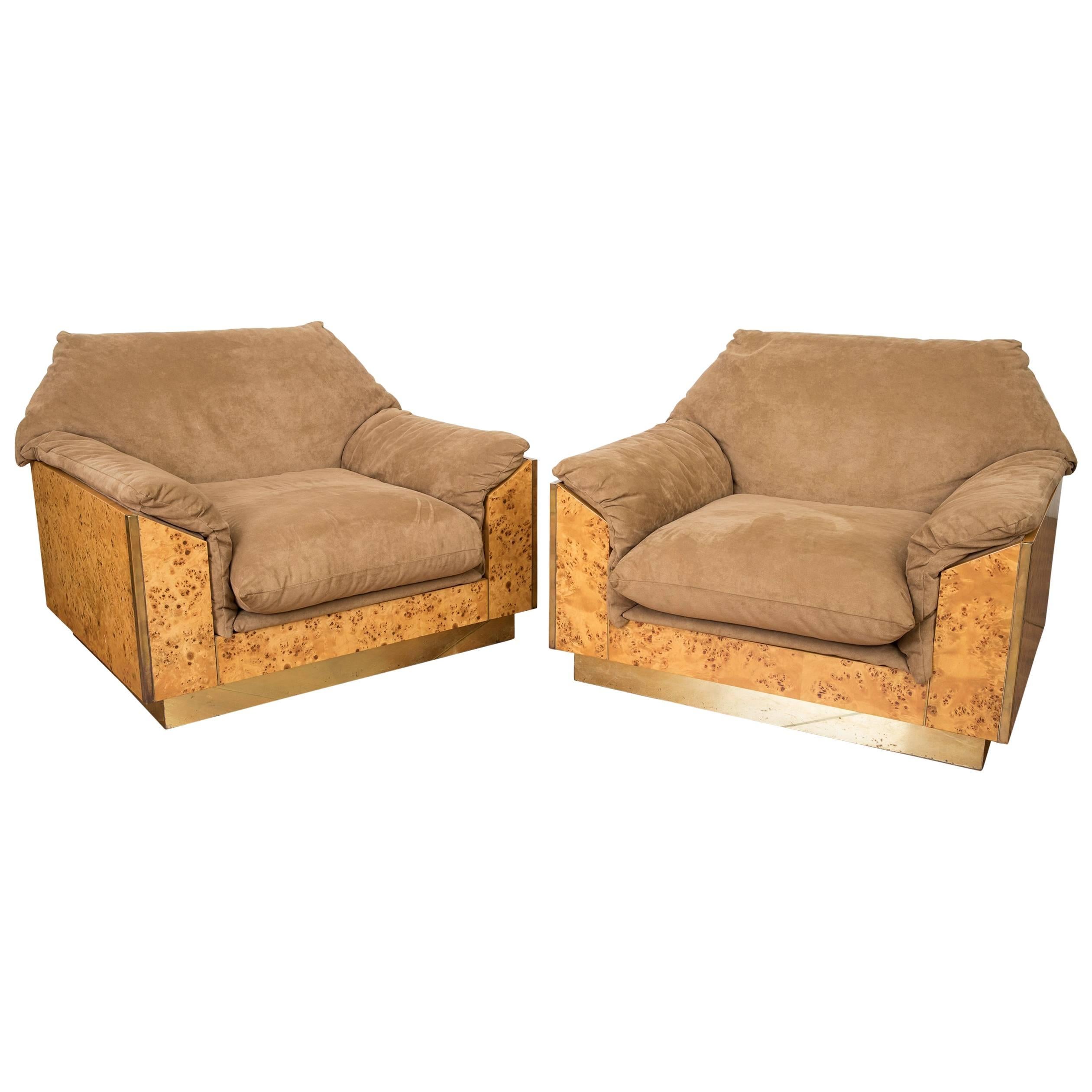 Willy Rizzo Thuja Burl Suede and Brass Set of Two Italian Lounge Chairs and Sofa