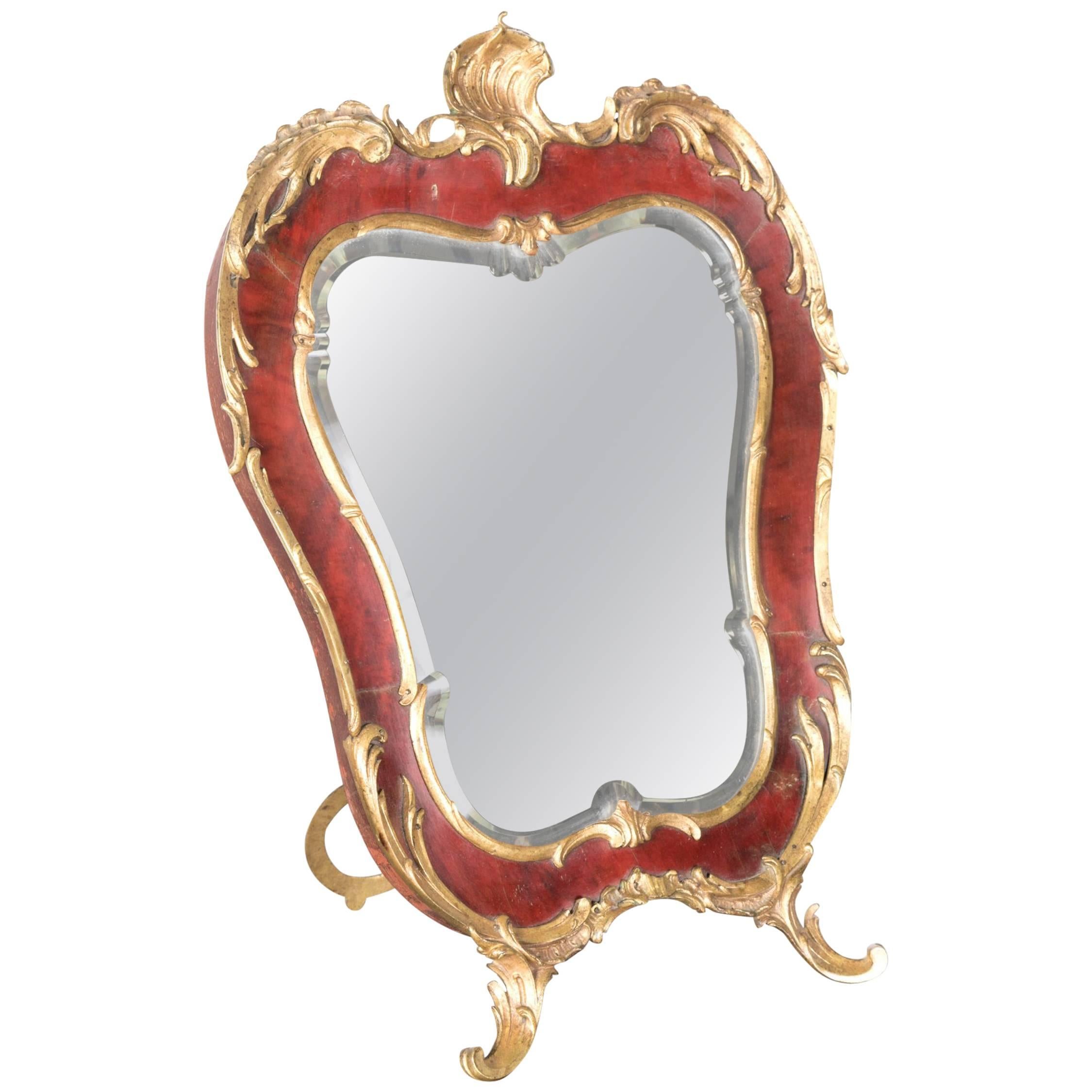 French Rococo Style Red Tortoise Shell and Gilt Bronze Footed Vanity Mirror