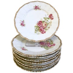 Porcelaine allemande ancienne peinte à la main & Assiettes plates "Rose" dorées à l'or fin:: S/10