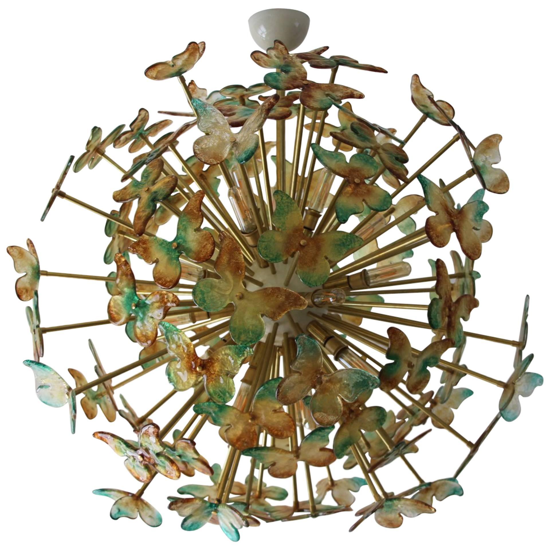 Sputnik Chandelier with Yellow and Green Glass Butterflies