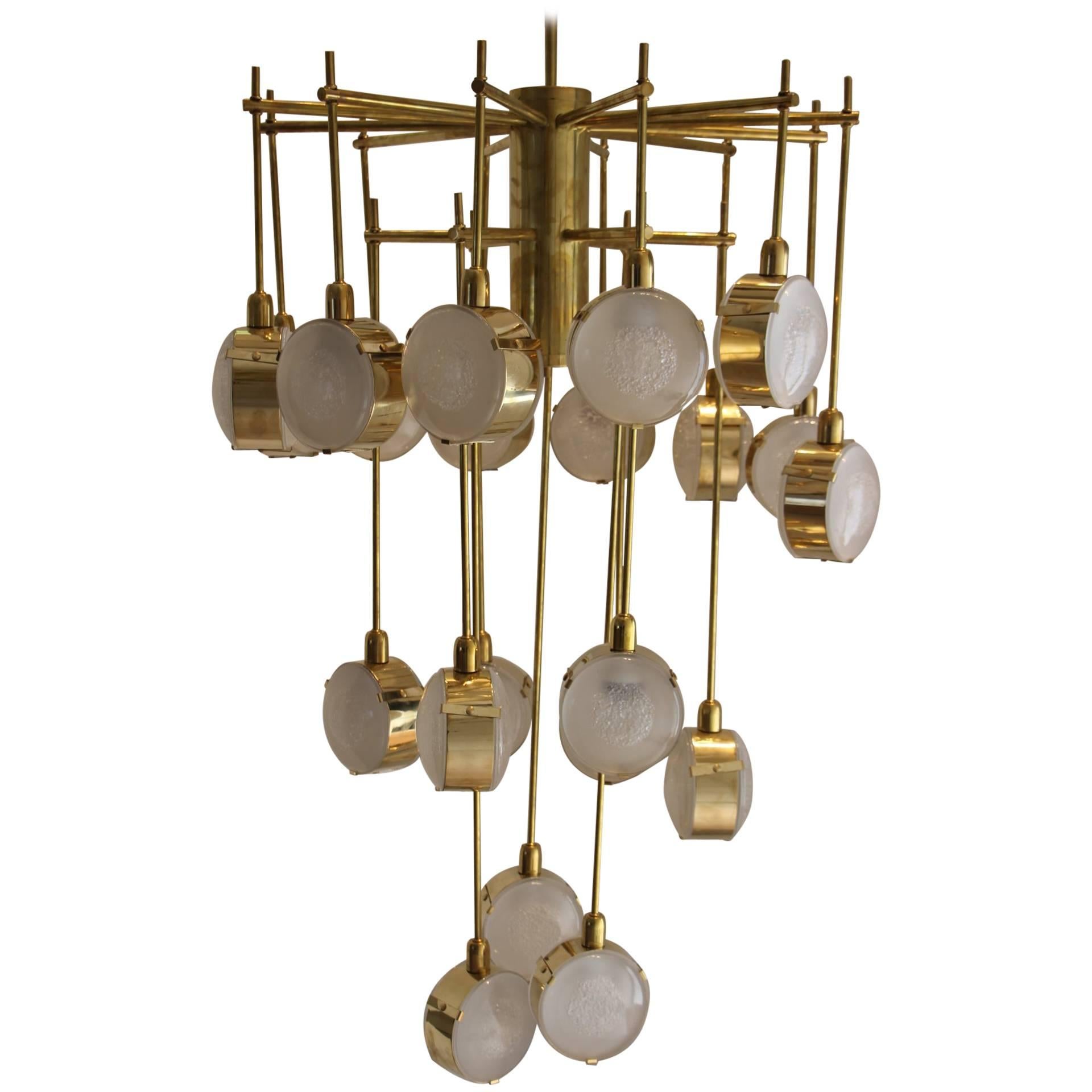 Italian Mid-Century Modern Brass and Glass Long Chandelier