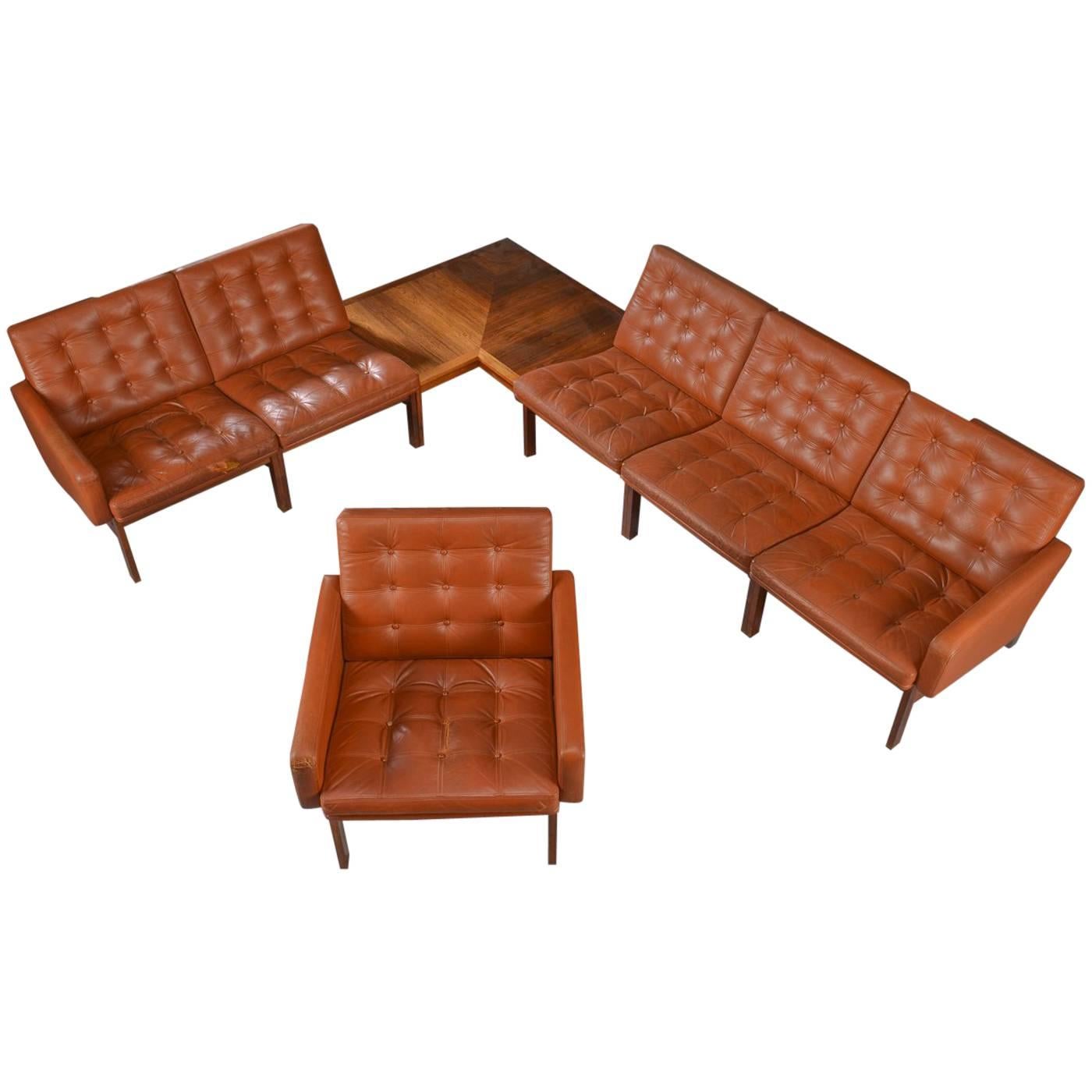 Danish Rosewood and Leather Corner Sofa with Armchair and Table For Sale