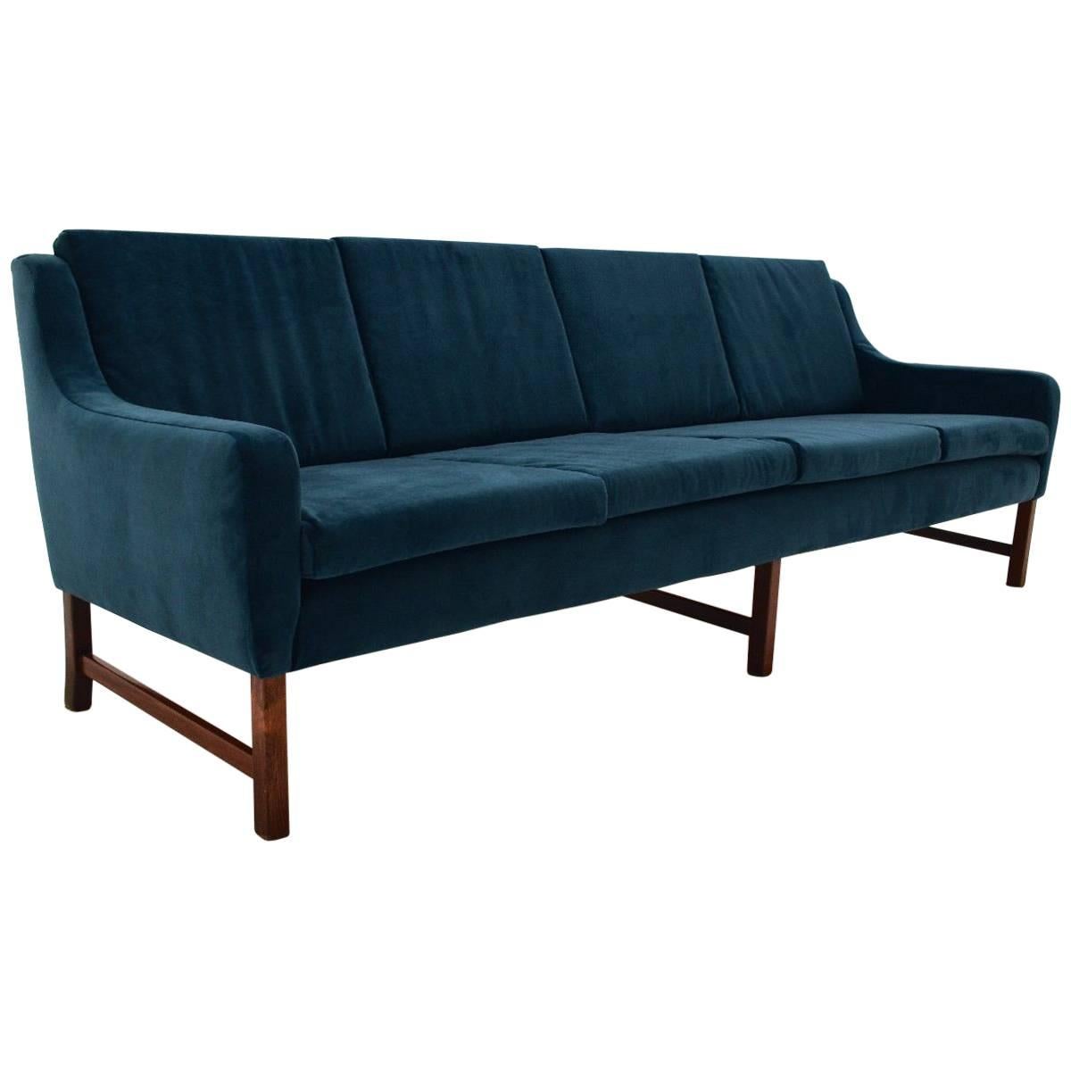 Norwegian Fredrik Kayser Blue Velvet Rosewood Four-Seat Sofa Midcentury, 1960s For Sale