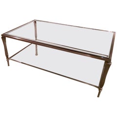 Handsome Silver Metal and Gleaming Glass Two-Tier Coffee Table