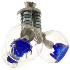 Mazzega mid-century Murano Chandelier Glass blue Globe chrome structure , 1970