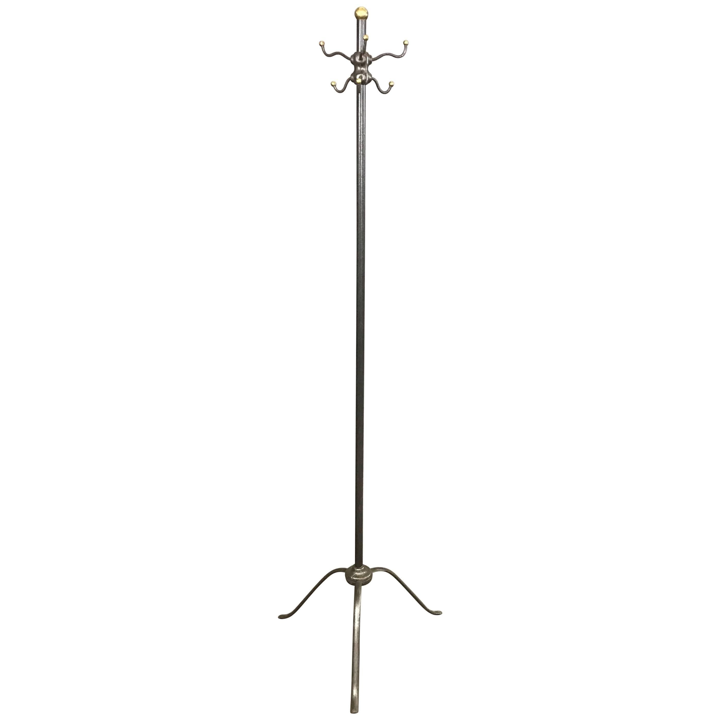 Late 19th Century Industrial Brushed Steel and Brass Coat Rack