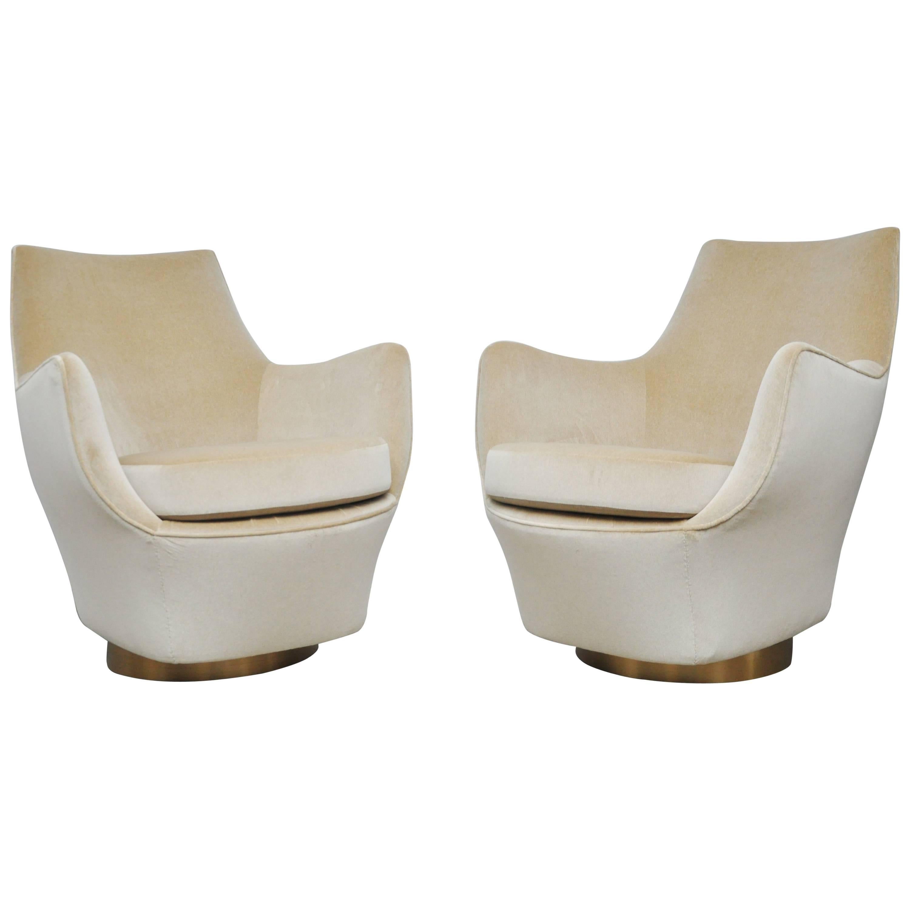 Milo Baughman Swivel Pod Chairs on Brushed Brass Bases