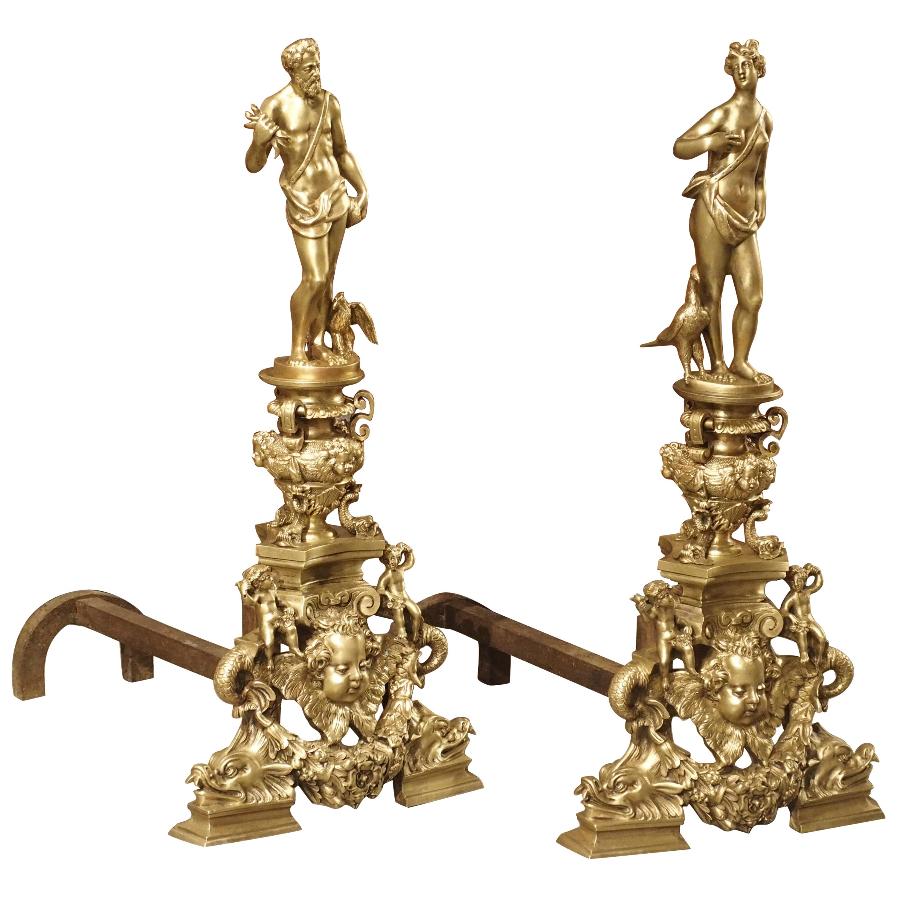 Pair of Antique French Gilt Bronze Andirons by Bouhon Freres, Paris 19th Century