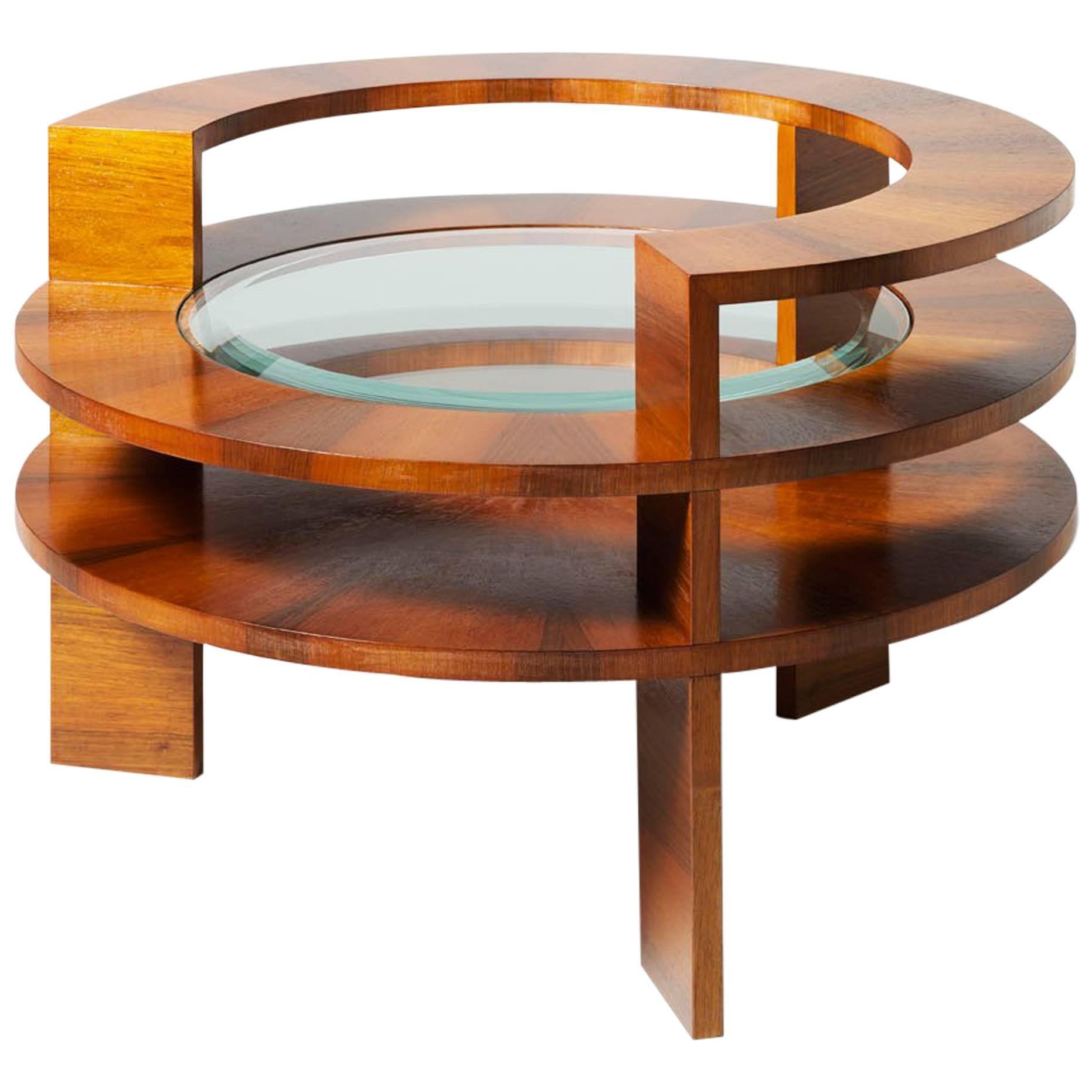 Coffee Table Made of Italian Walnut “Piumaccio” with Shellac, Bevelled Glass Top For Sale