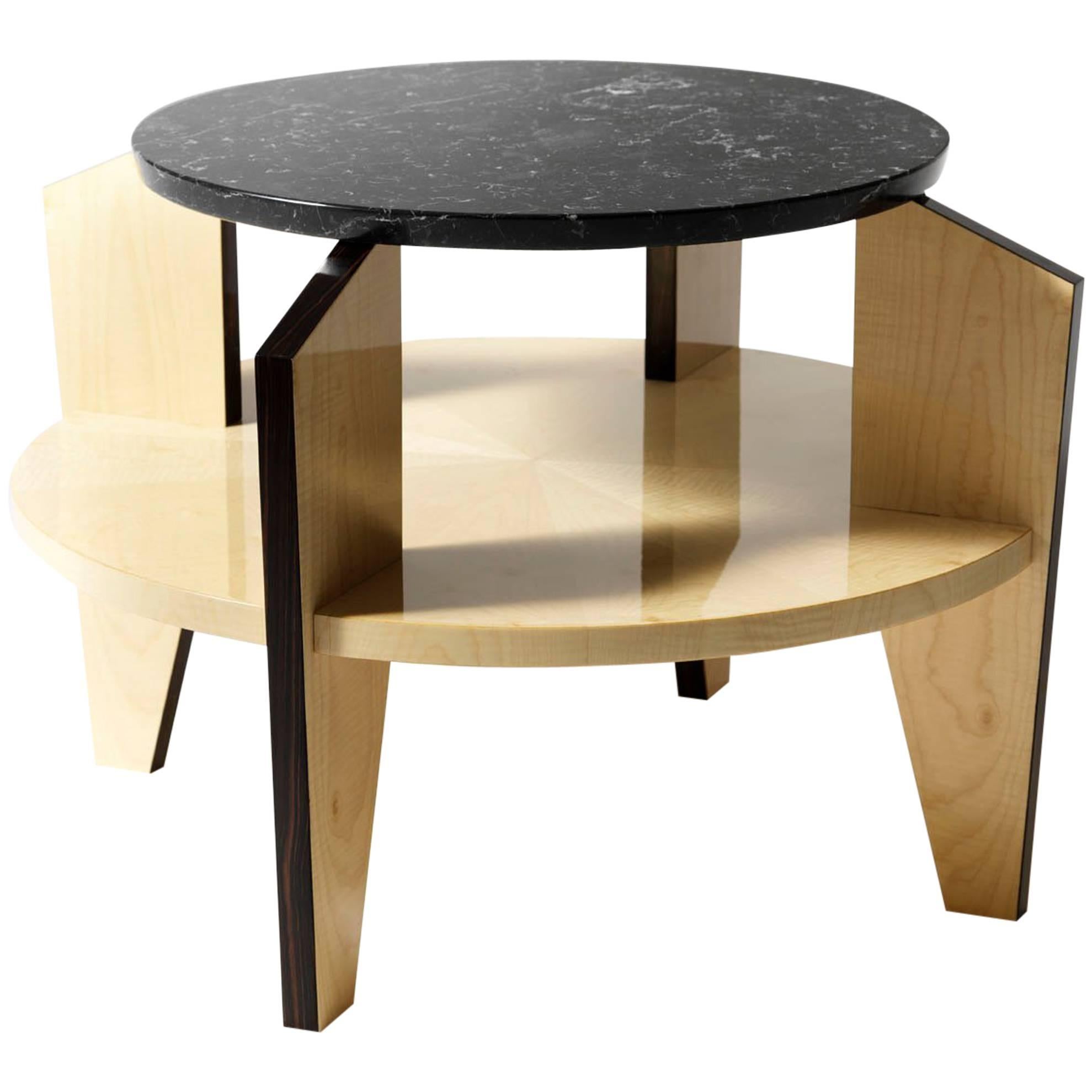 Coffee Table in Macassar Ebony and Maple Wood Finished Top Marquina Black Marble For Sale