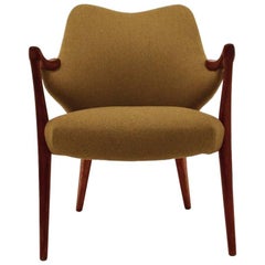 Norwegian Gold Mustard Yellow Wool & Oak Armchair Midcentury Chair, 1950s