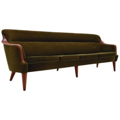 Norwegian Green Velour and Teak Curved Four-Seat Sofa, Midcentury, 1960s