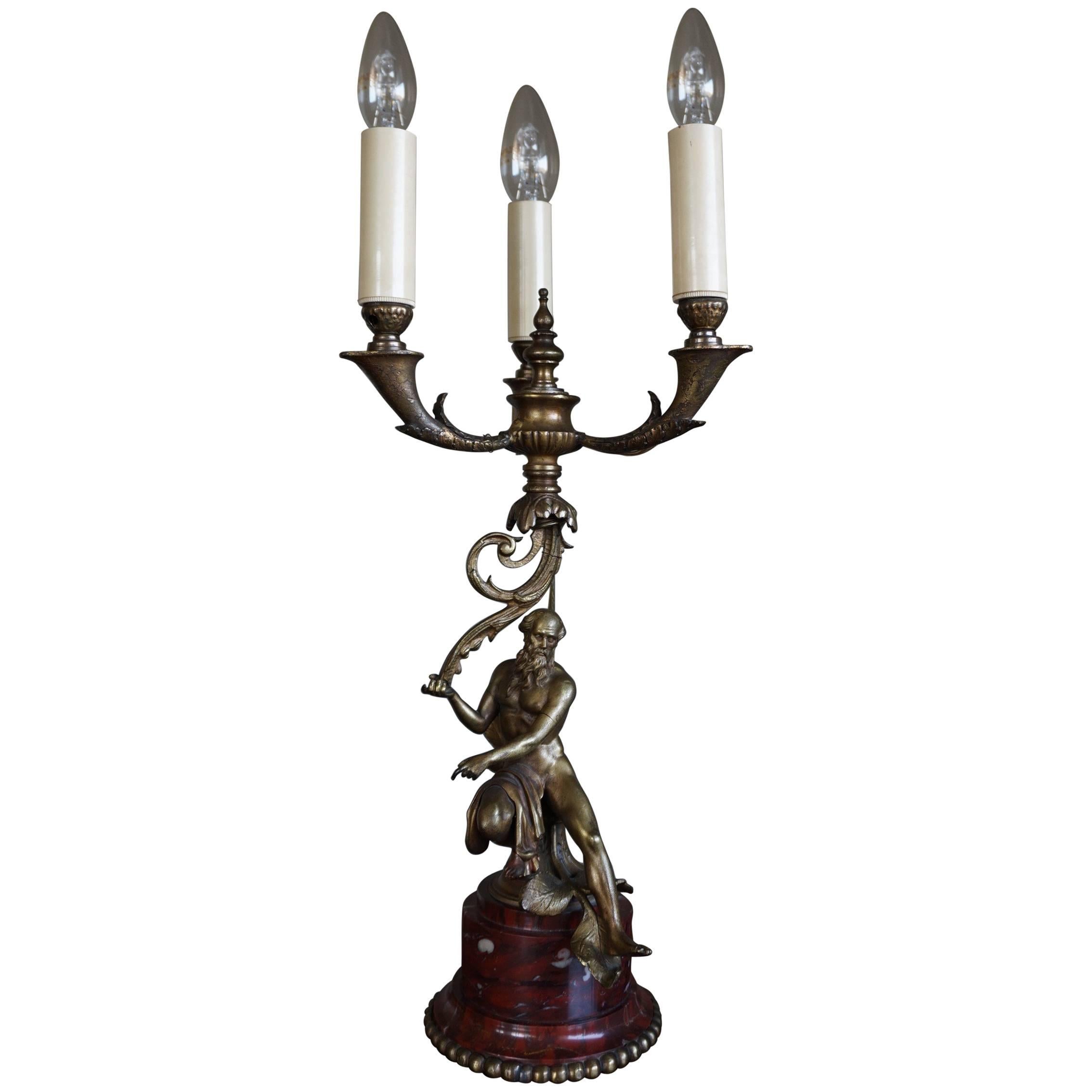 Antique Bronze Empire Style Table Lamp with a Nude Zeus Sculpture on Marble Base For Sale