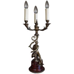Antique Bronze Empire Style Table Lamp with a Nude Zeus Sculpture on Marble Base