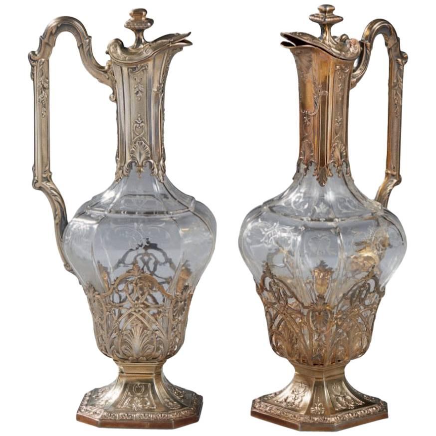 Pair of French Vermeil Silver Mounted and Crystal Claret Jugs