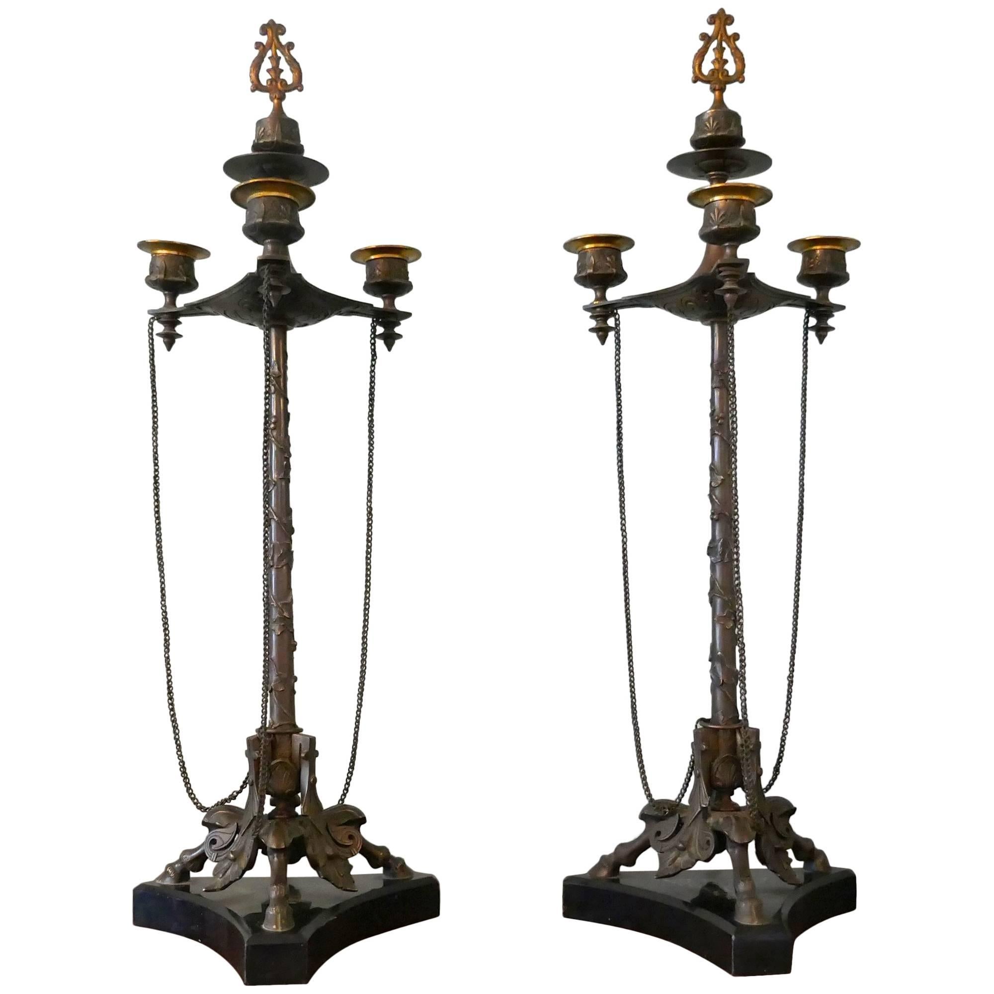 Pair of Louis Philippe French Bronze Candelabra with Snuffers For Sale