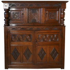 Antique 17th Century Carved Oak Court Cupboard, Primitive Celtic Carving