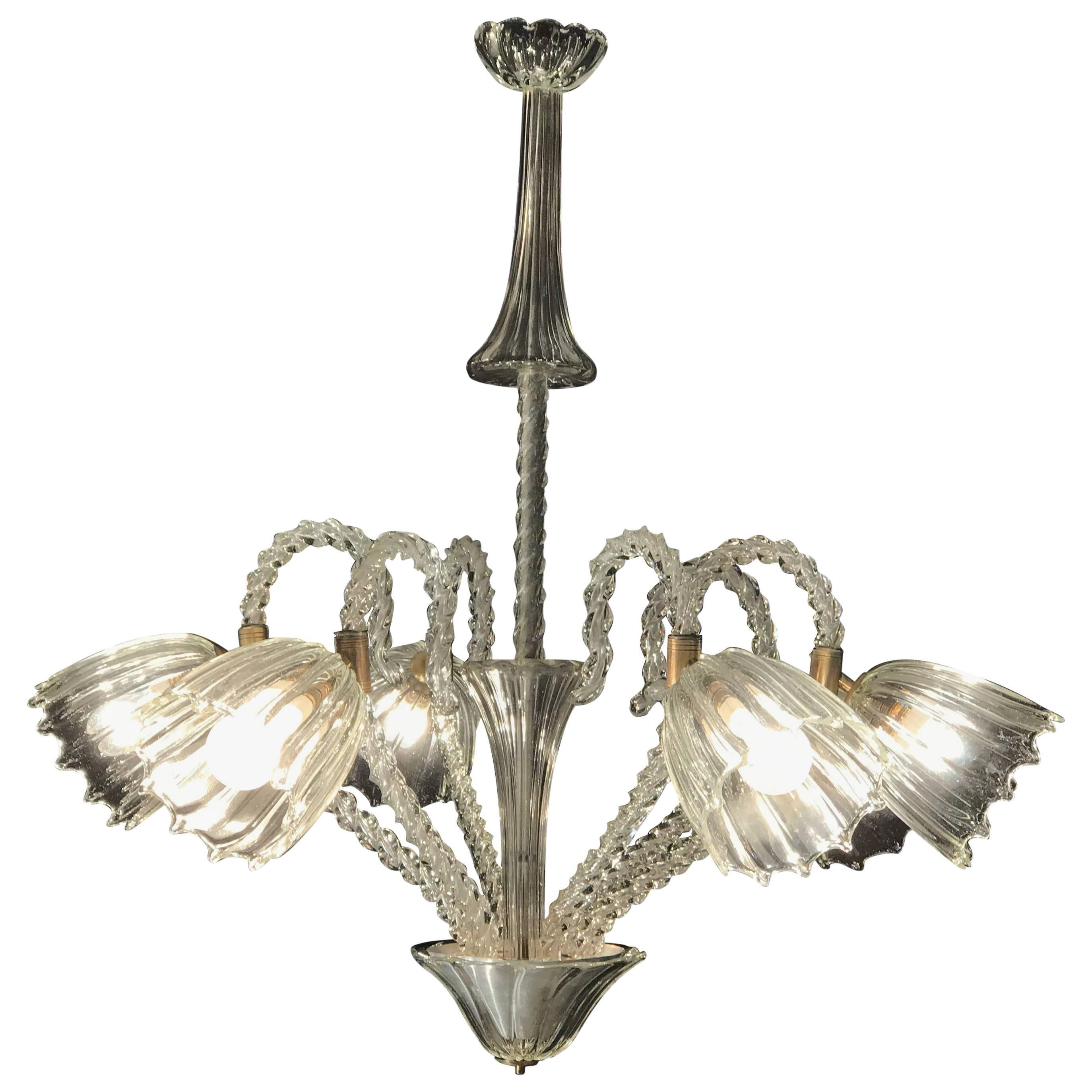 Lovely Six-Light Murano Glass Chandelier by  Ercole Barovier