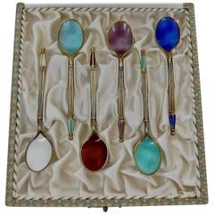 Danish Sterling Silver and Guilloche Enamel Demitasse Spoon Set by A. Michelsen