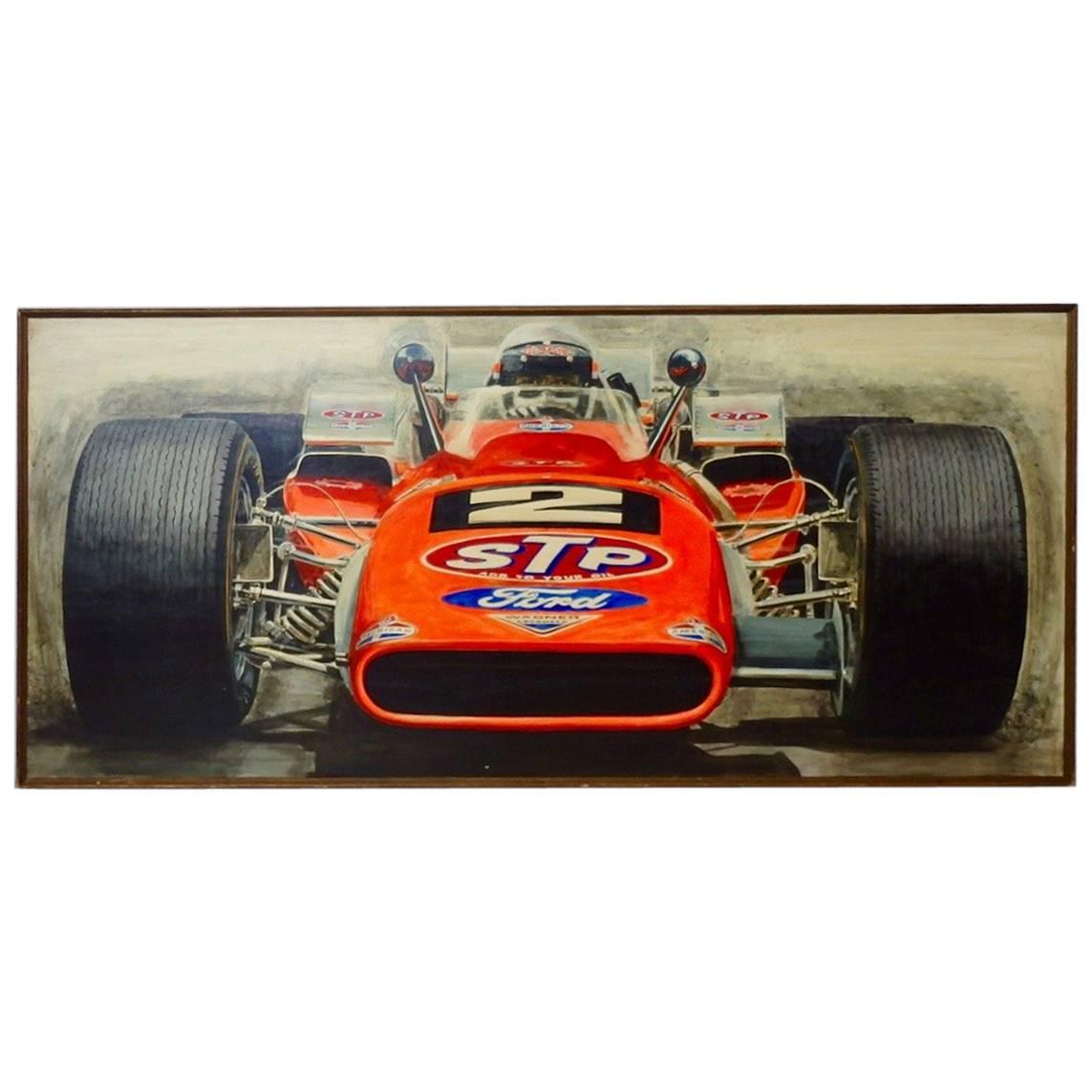 Large Oil on Board Painting Mario Andretti 1969 Indianapolis 500 Winner