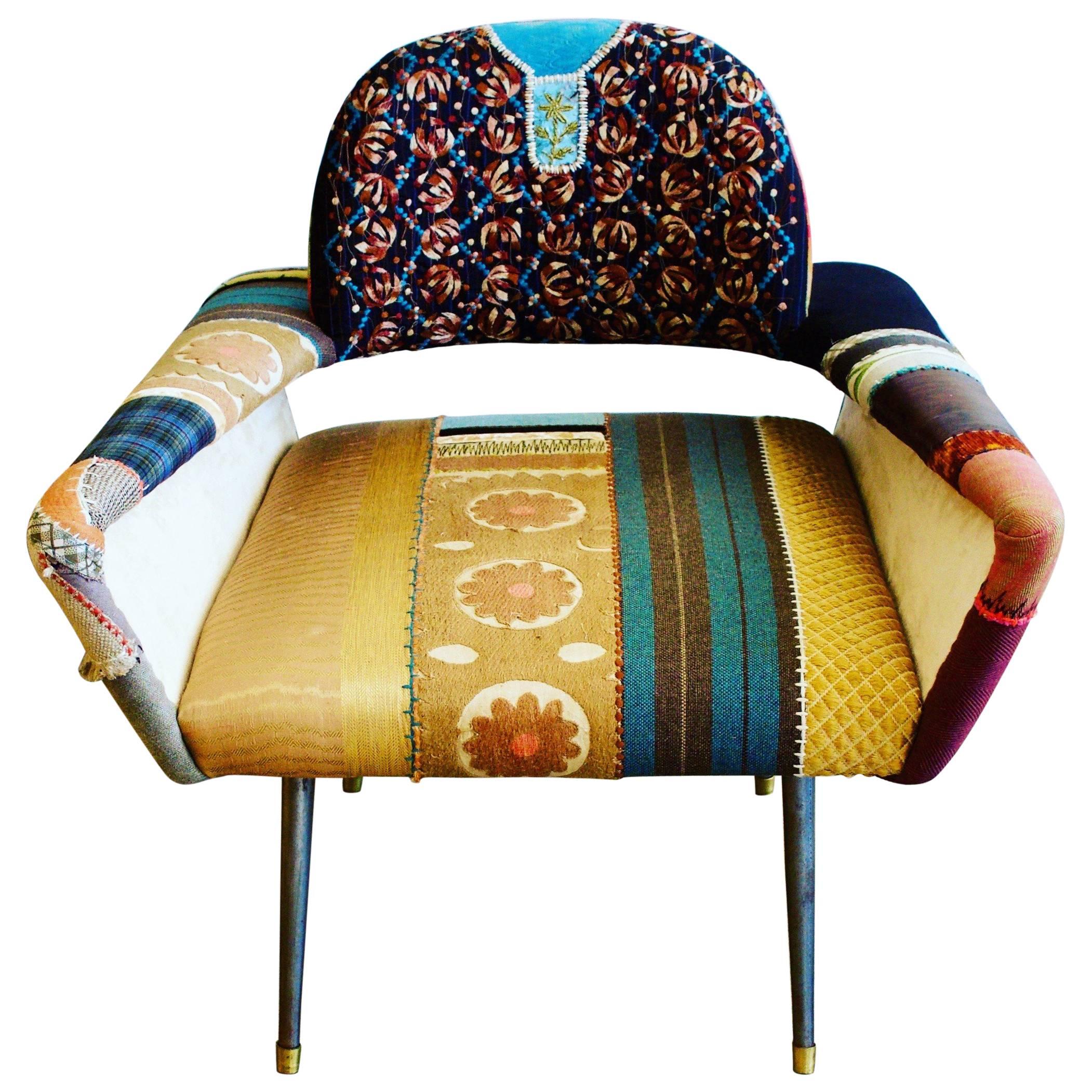 Bokja Couture Armchair, Multicolored Embroidered Fabric, Mid-Century Modern For Sale