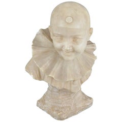 Antique Marble Sculpture Buste of a Boy in a Costume of Pierrot Signed