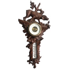 Top Quality Carved Walnut Antique Swiss Barometer Hunting Dog Hound Sculpture