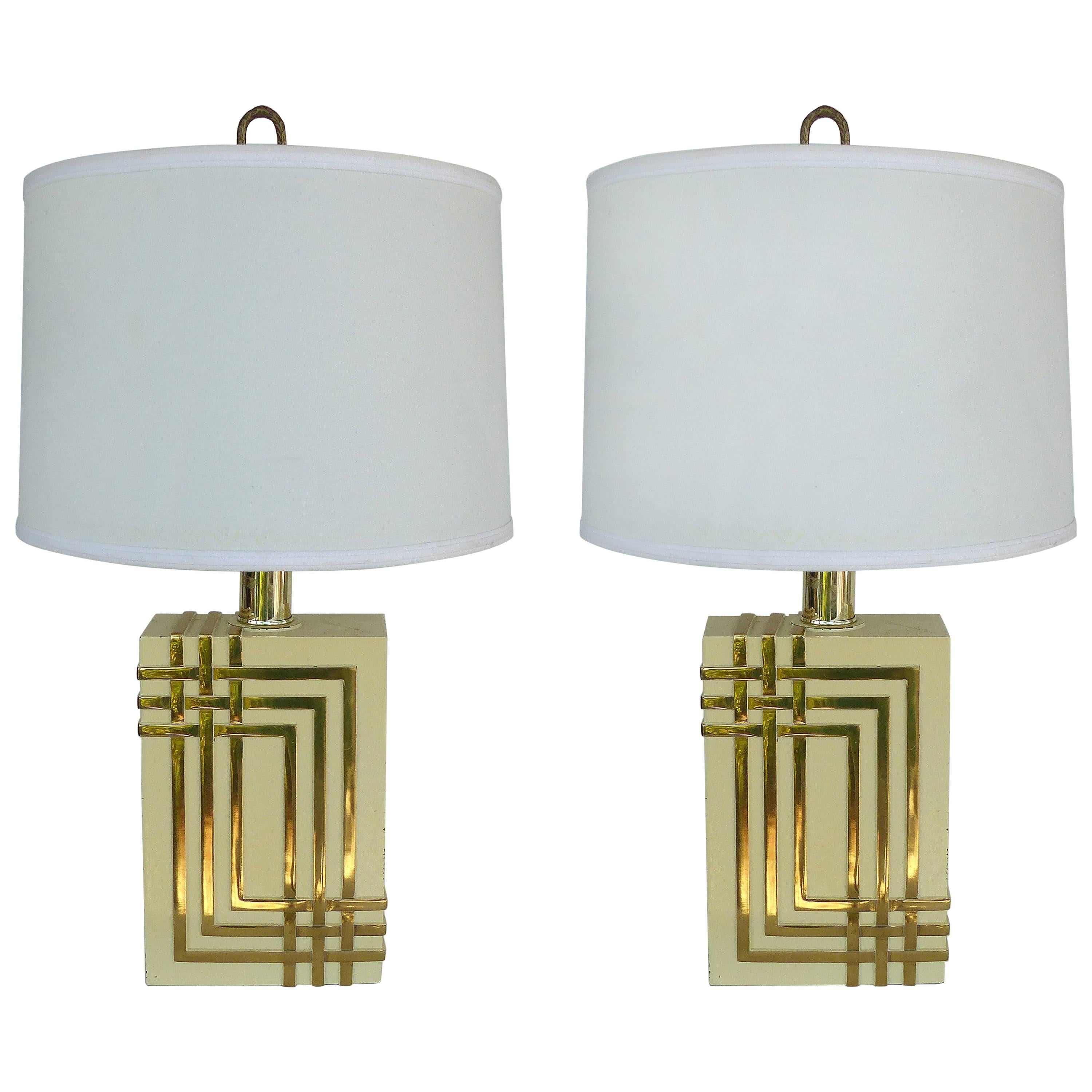 Expansive Narrow Brass and Marble MidCentury 4Light Table Lamps w