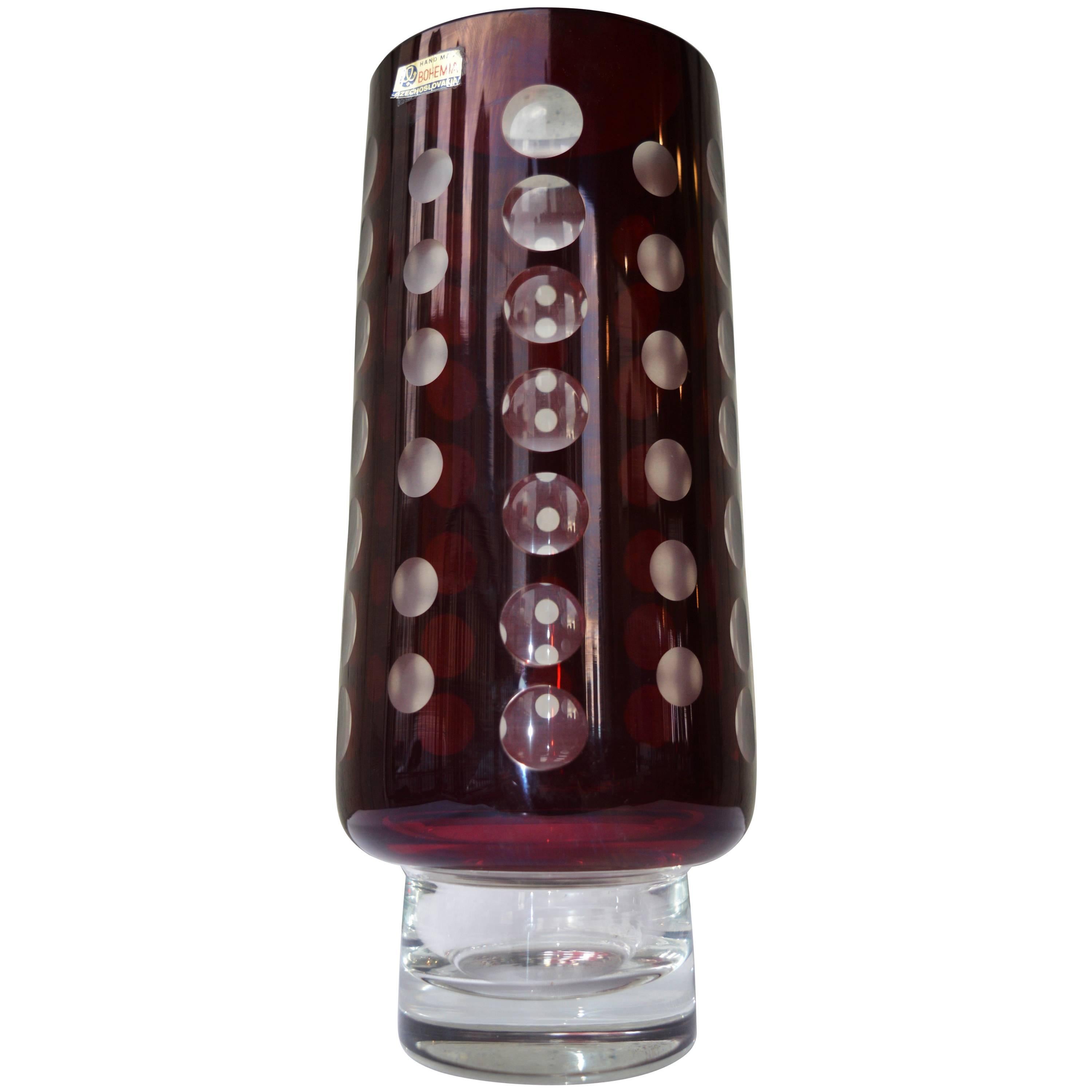 Vintage Czech Bohemia Optic Glass Vase Burgundy Cased in Clear For Sale