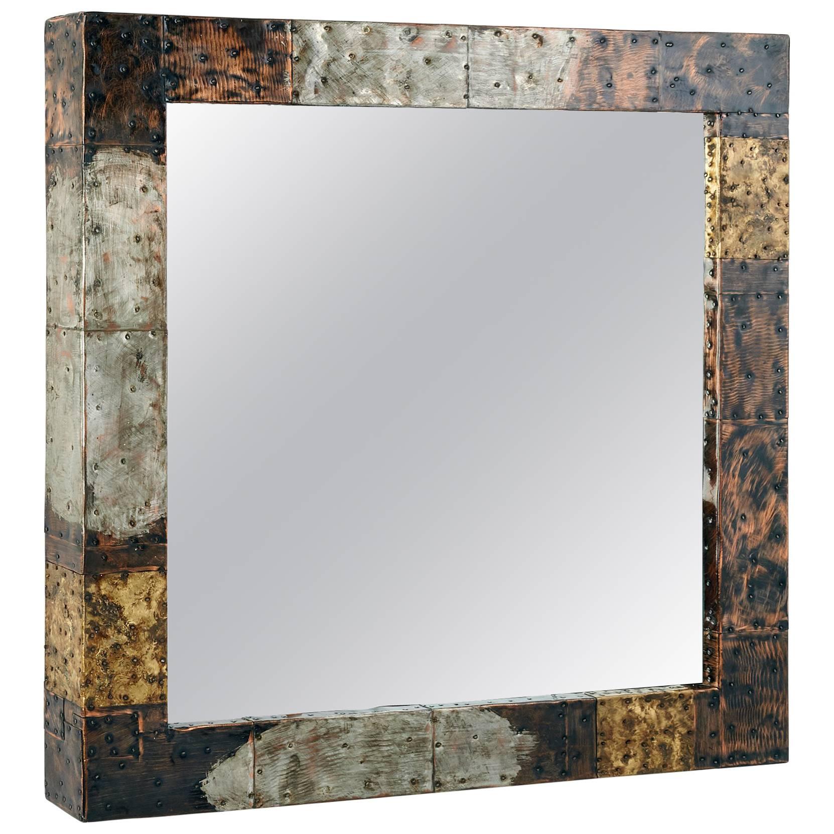 Paul Evans Bold Patchwork Mirror in Copper, Brass and Steel