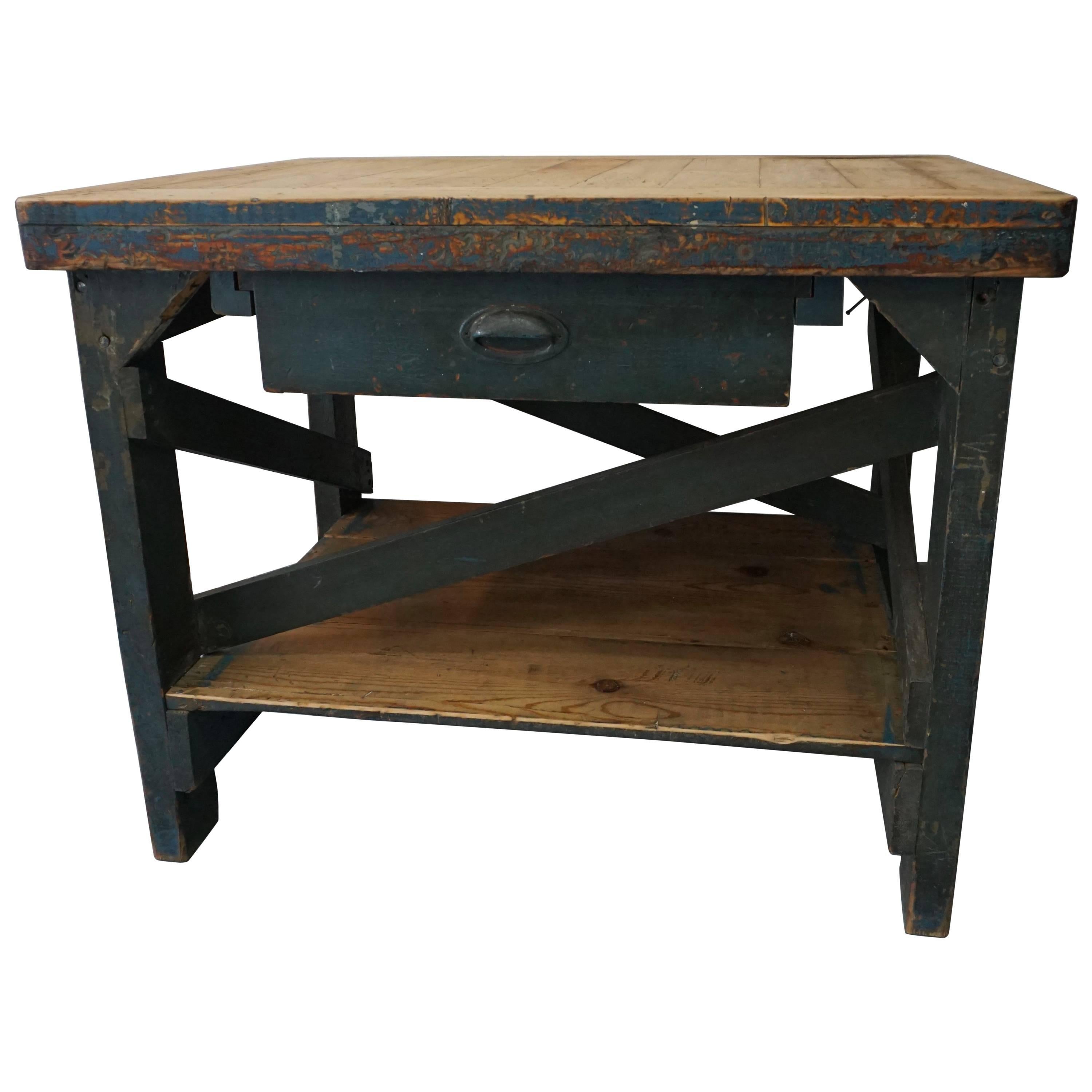 Rhode Island Factory Table with Blue Paint, circa 1940 For Sale