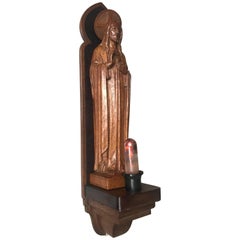 Antique Detailed Hand Carved Oak Sacred Heart of Jesus Statue on Wall Console with Light