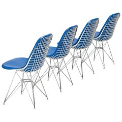 Original Set of 4 Eames DKR-1 Dining Chairs in Blue Vinyl and White Steel, 1951
