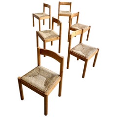 Set of Six Pine and Wicker Chairs in Style of Charlotte Perriand