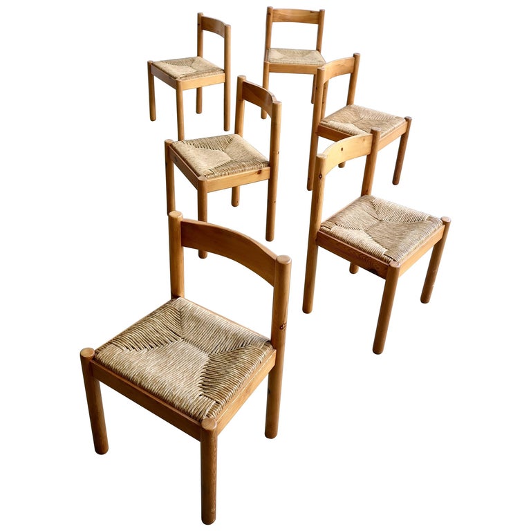 Set of Six Pine and Wicker Chairs in Style of Charlotte Perriand at 1stDibs