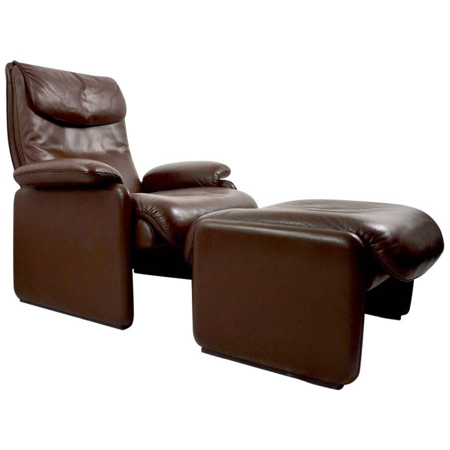 Brown Leather Reclining Lounge Chair and Ottoman by De Sede