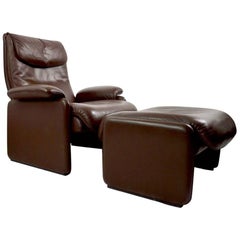 Brown Leather Reclining Lounge Chair and Ottoman by De Sede