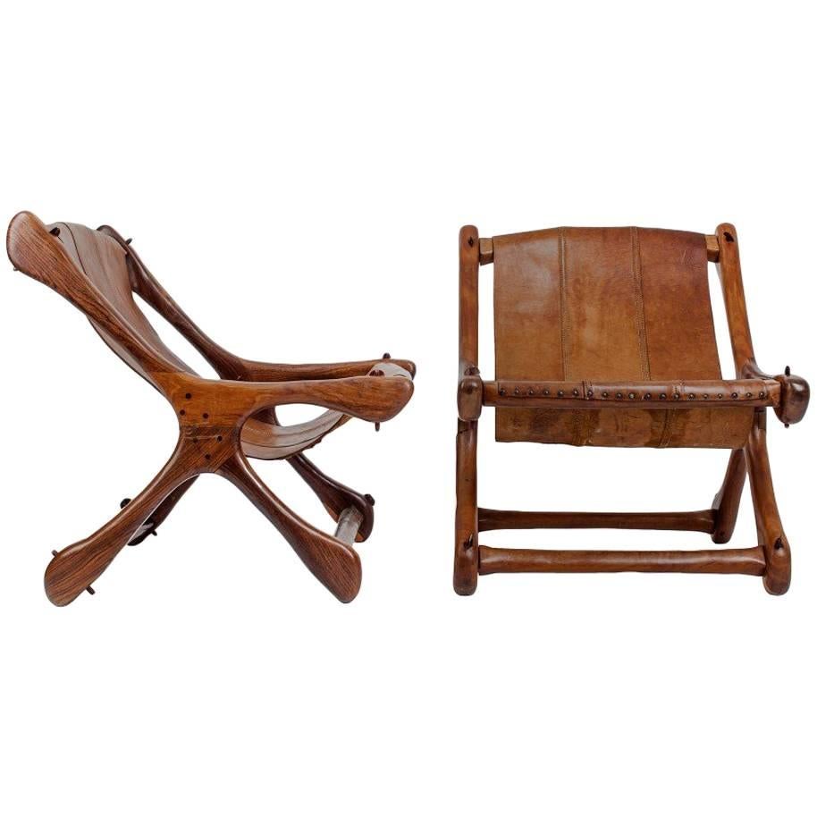 Pair of Mexican Wood and Leather Chairs Model “Sloucher” by Don Shoemaker 1950s