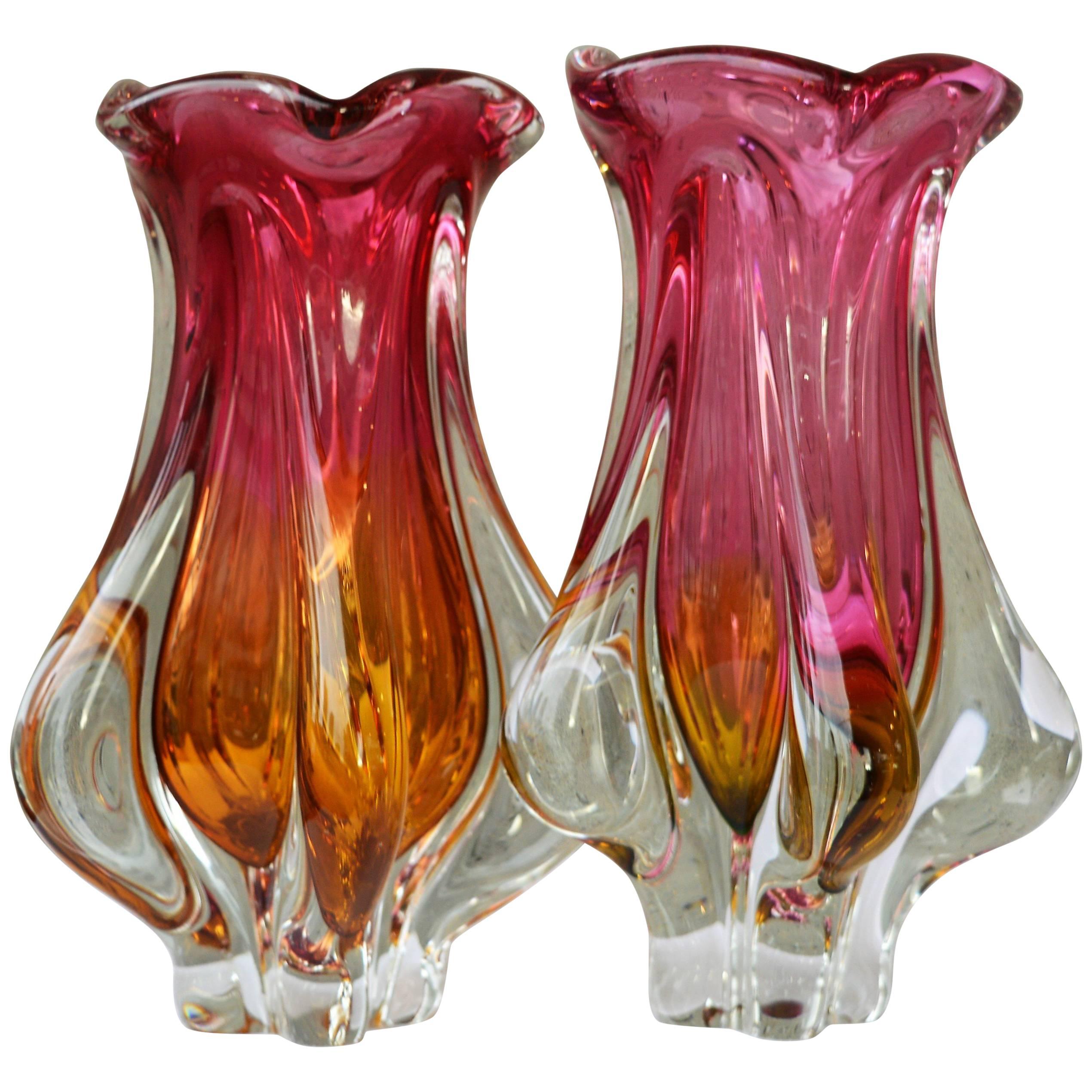 Pair of Pink, Gold & Clear Art Glass, Josef Hospodka, Chribska Glassworks, Czech For Sale