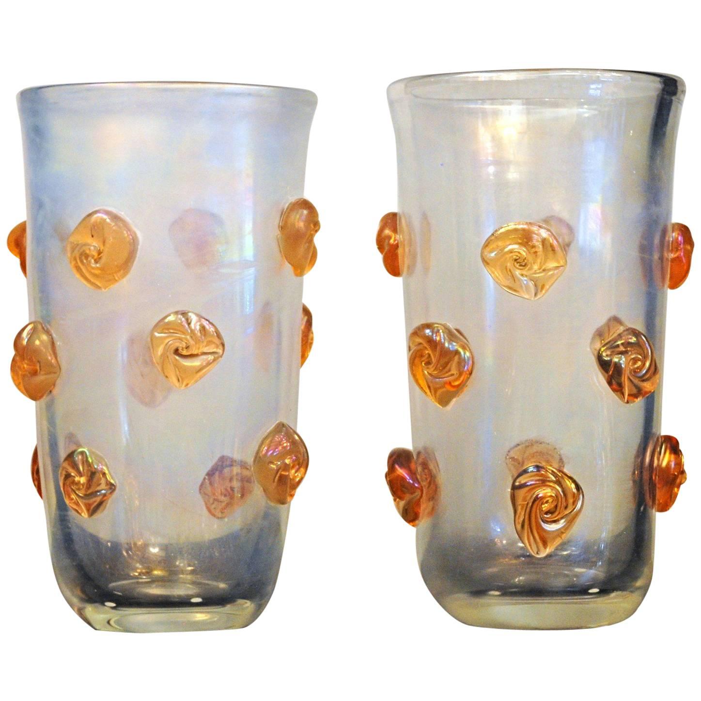 Alberto Donà, Clear Deep Iridescence and Orange Blush Rosettes Glass Vase