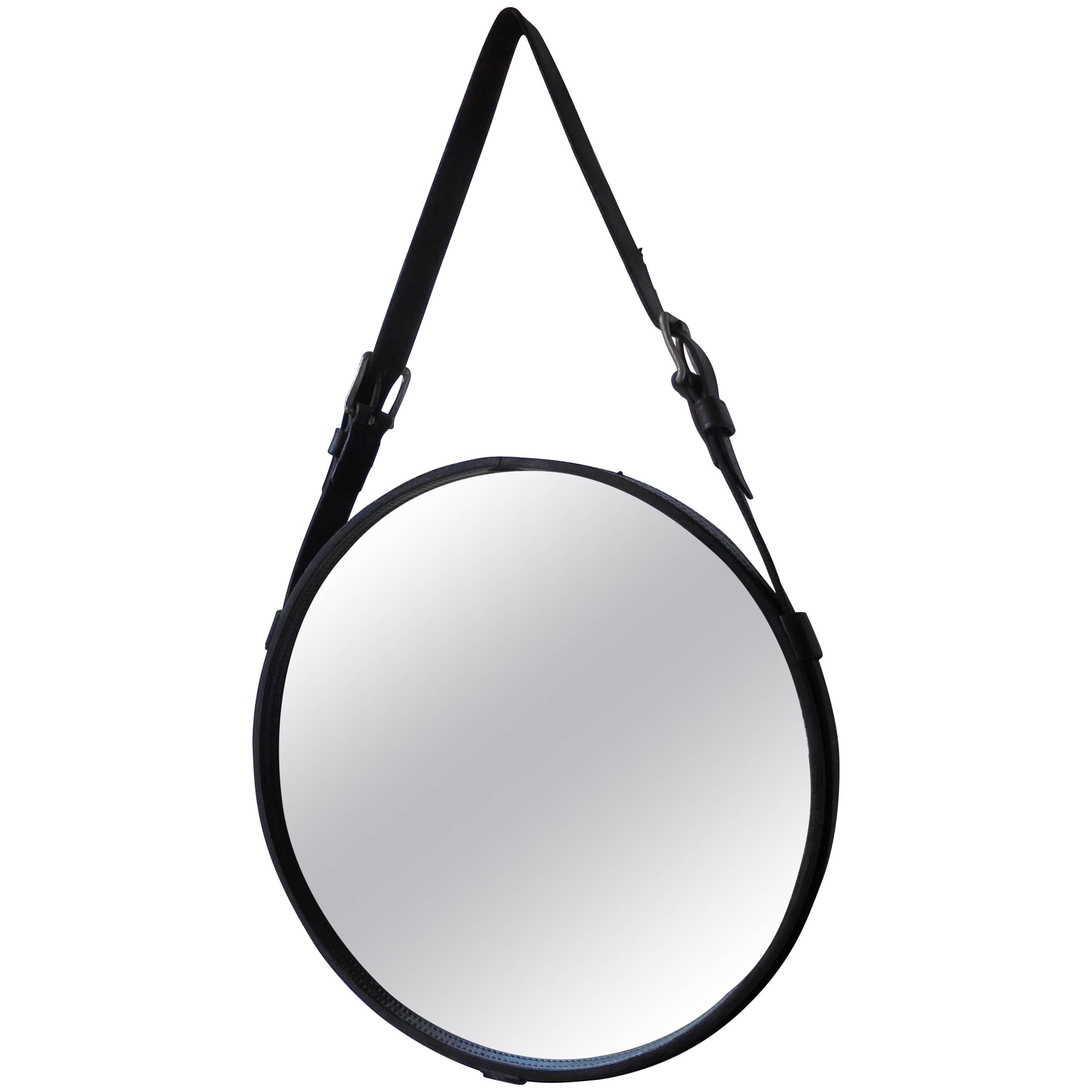 Black Leather Mirror by Jacques Adnet, France, 1950 For Sale