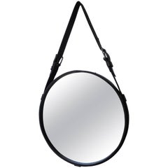 Vintage Black Leather Mirror by Jacques Adnet, France, 1950