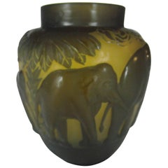 Large Galle Elephant Vase, Cameo Glass Elephant Vase, Signed Galle Vase