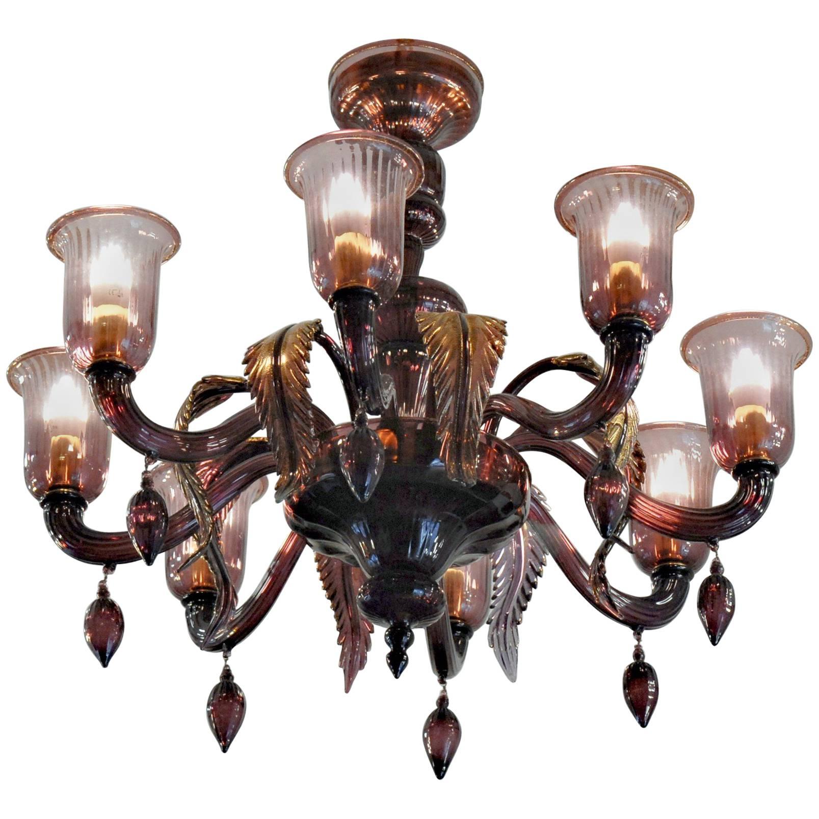 Classico, Murano Chandelier, Amethyst, Eight Arms, Gold Leaf and Rigadin